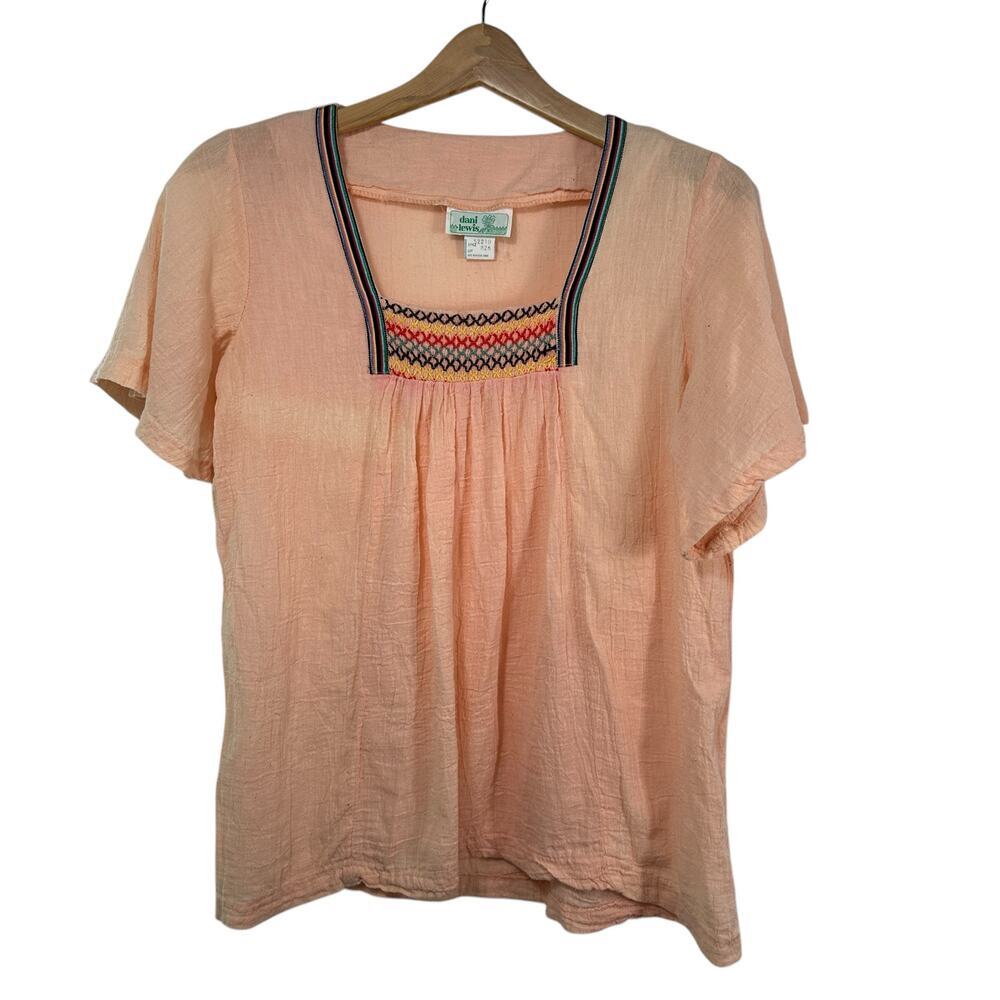 Vintage‎ Dani Lewis 100% Cotton Embroidered Peasant Top Boho Shirt Peach Rainbow